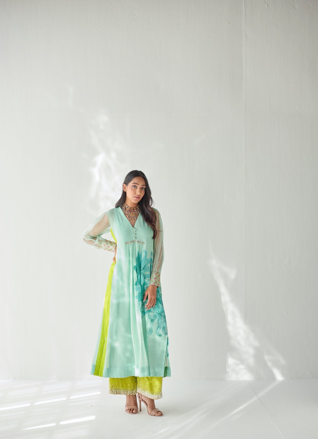 Sea Green Side Flower Kurta Set