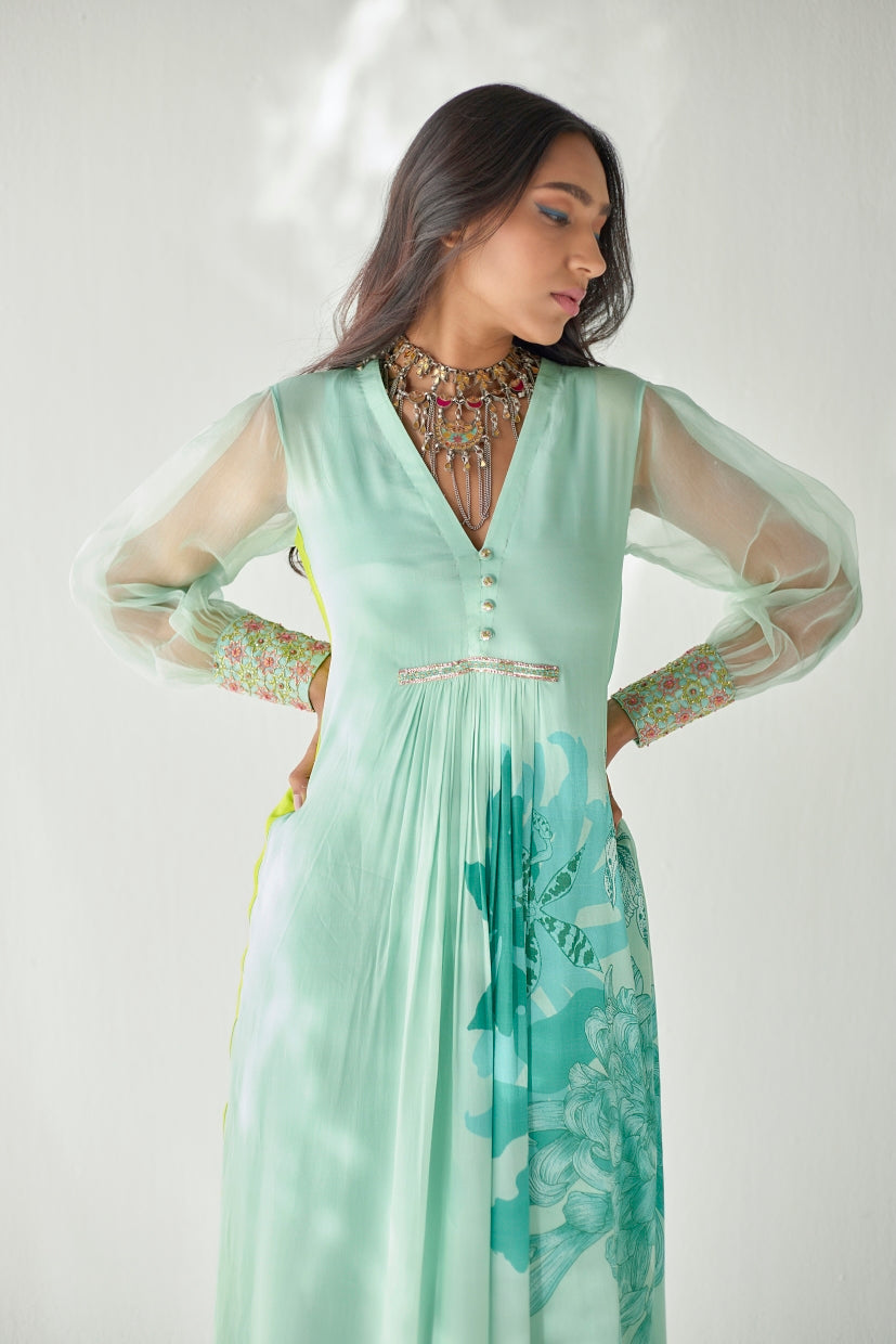 Sea Green Side Flower Kurta Set