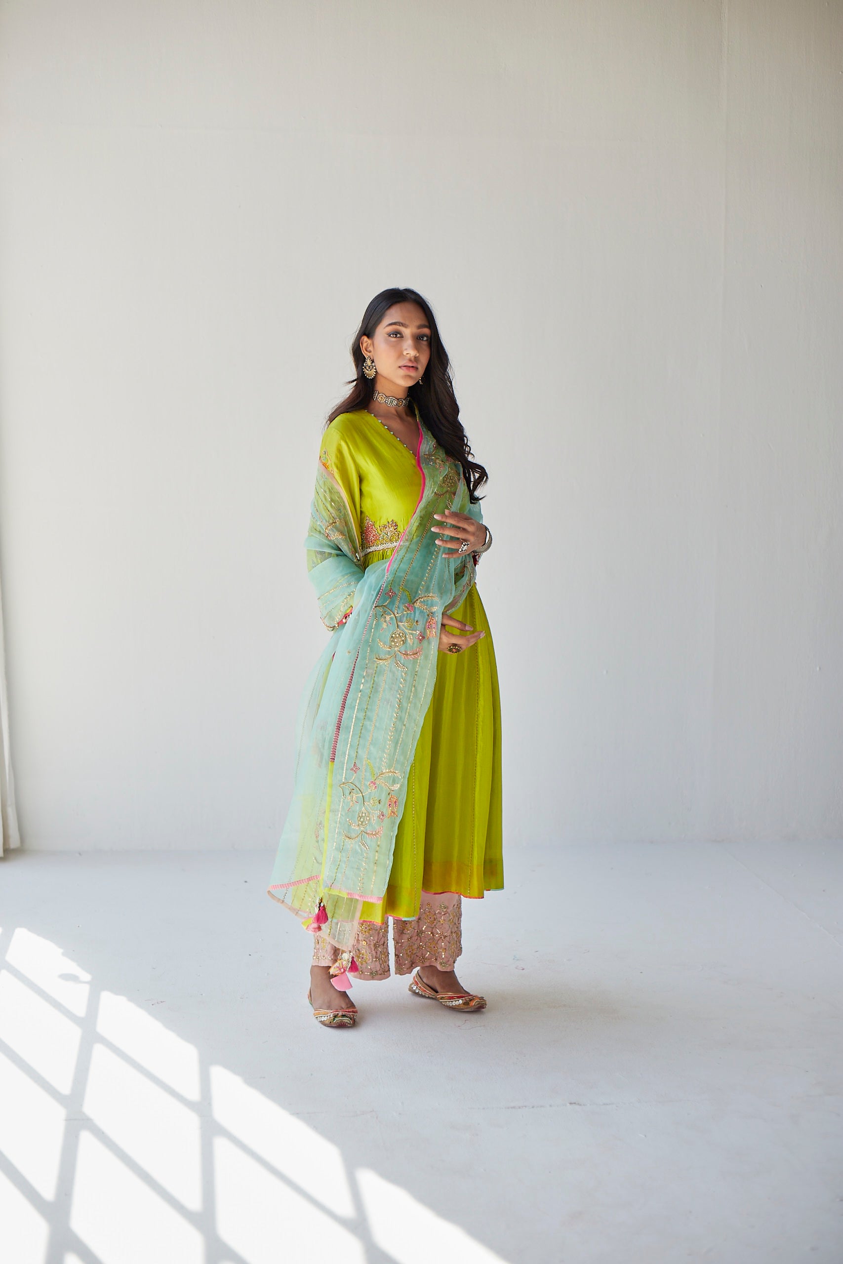 Bright Green Side Kali Kurta Set