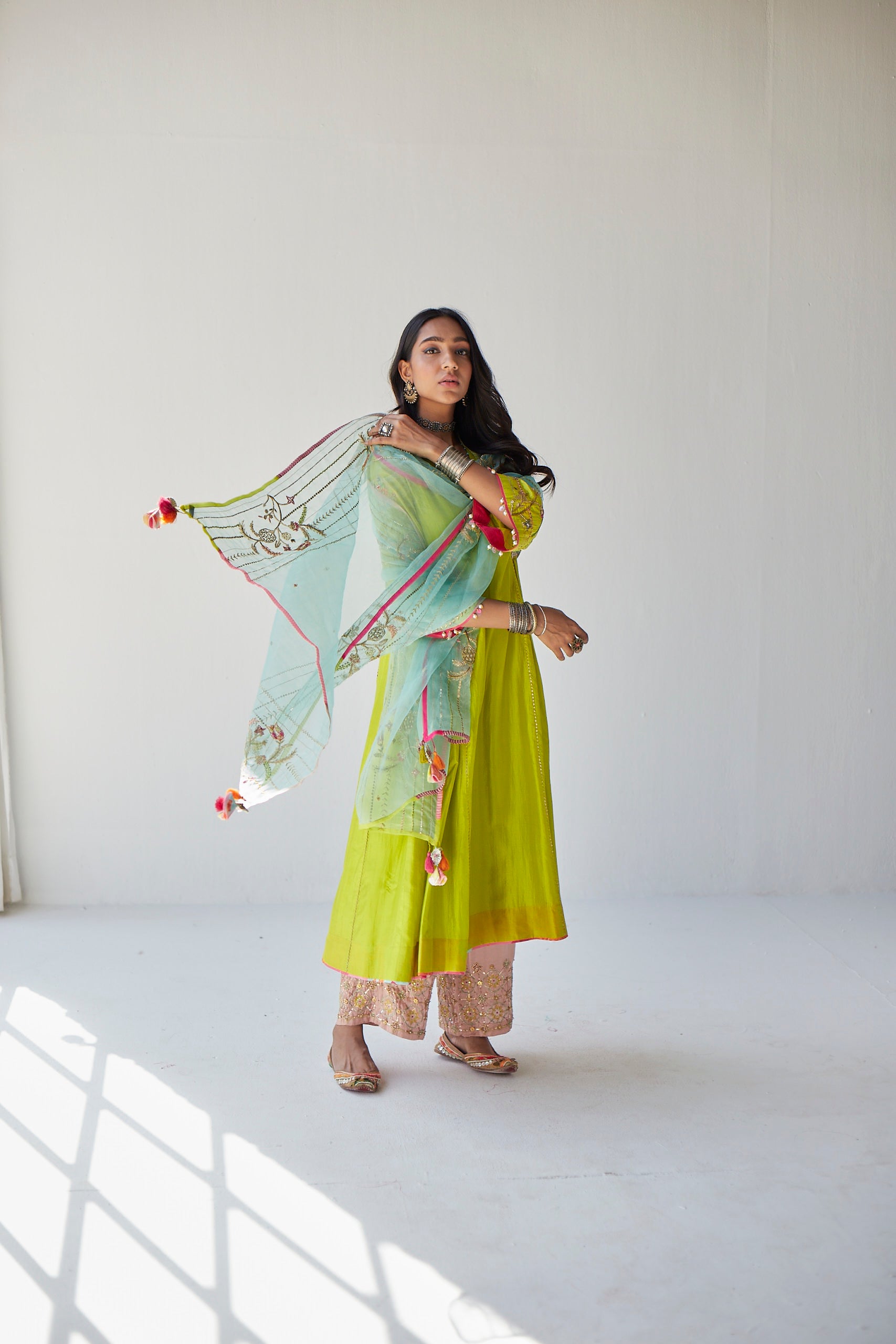 Bright Green Side Kali Kurta Set
