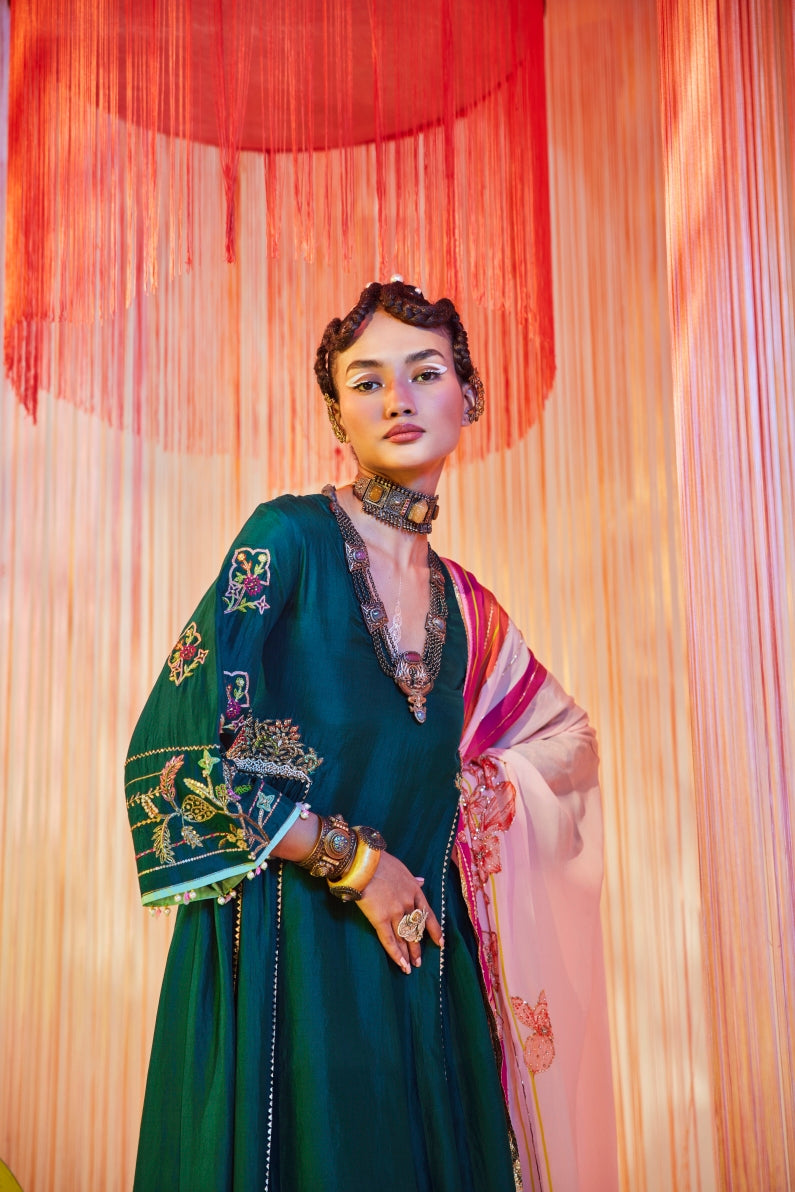 Teal Green Side Kali Kurta Set