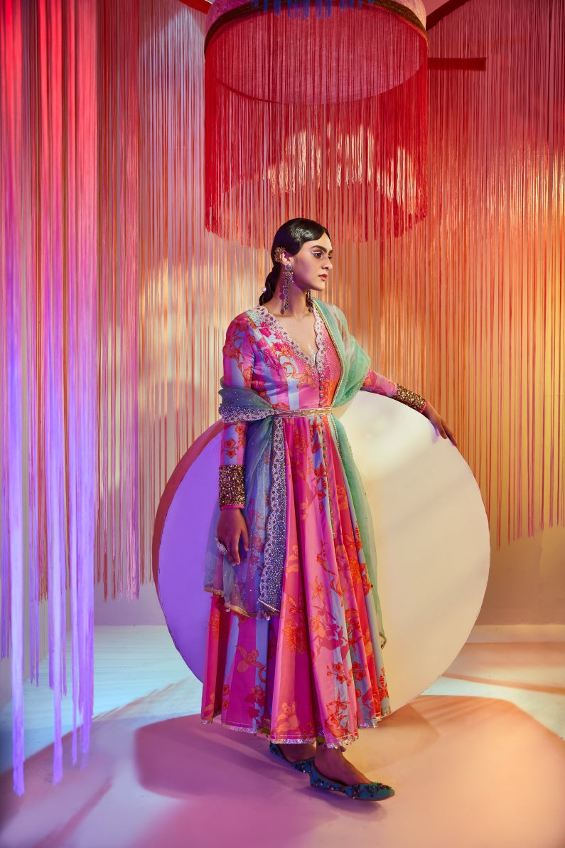 Hot Pink Powder Blue Orchid Anarkali Set