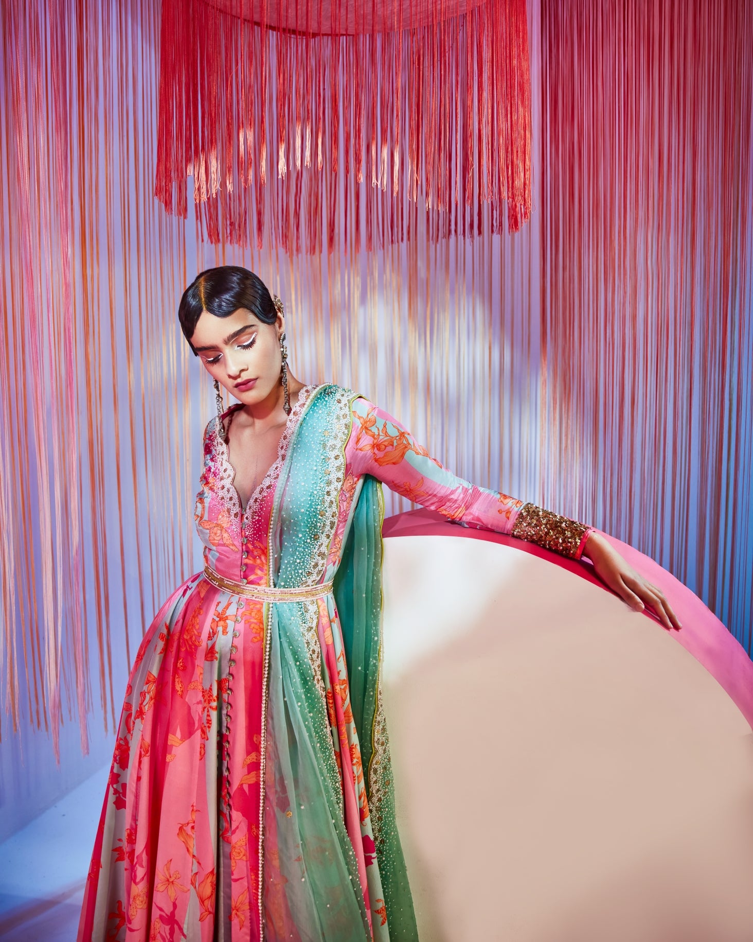 Hot Pink Powder Blue Orchid Anarkali Set