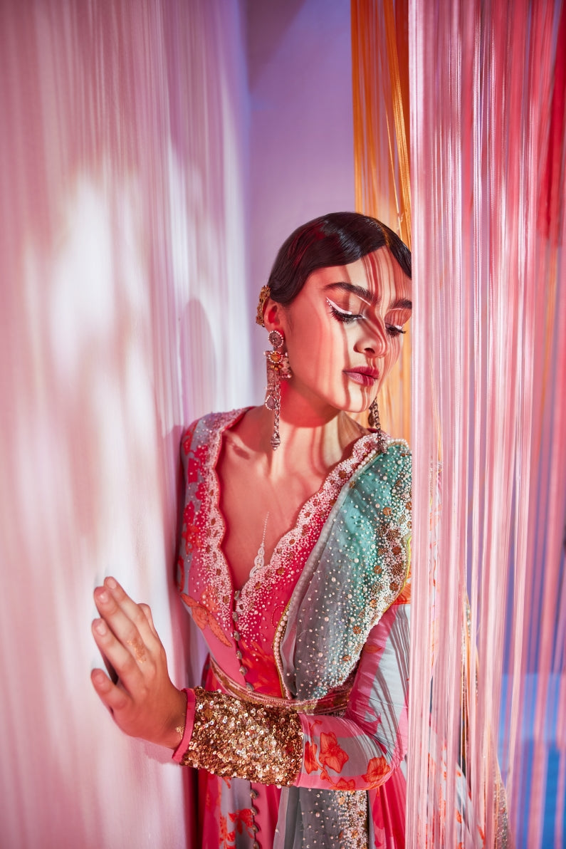 Hot Pink Powder Blue Orchid Anarkali Set