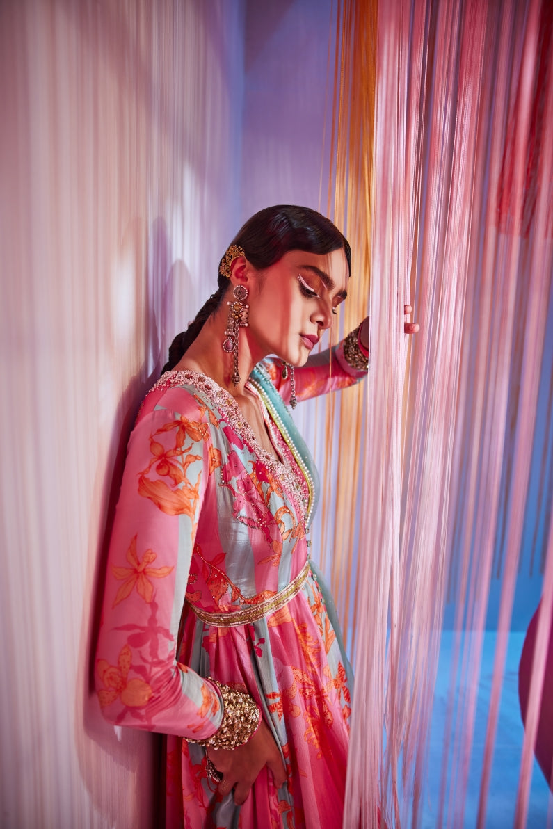 Hot Pink Powder Blue Orchid Anarkali Set
