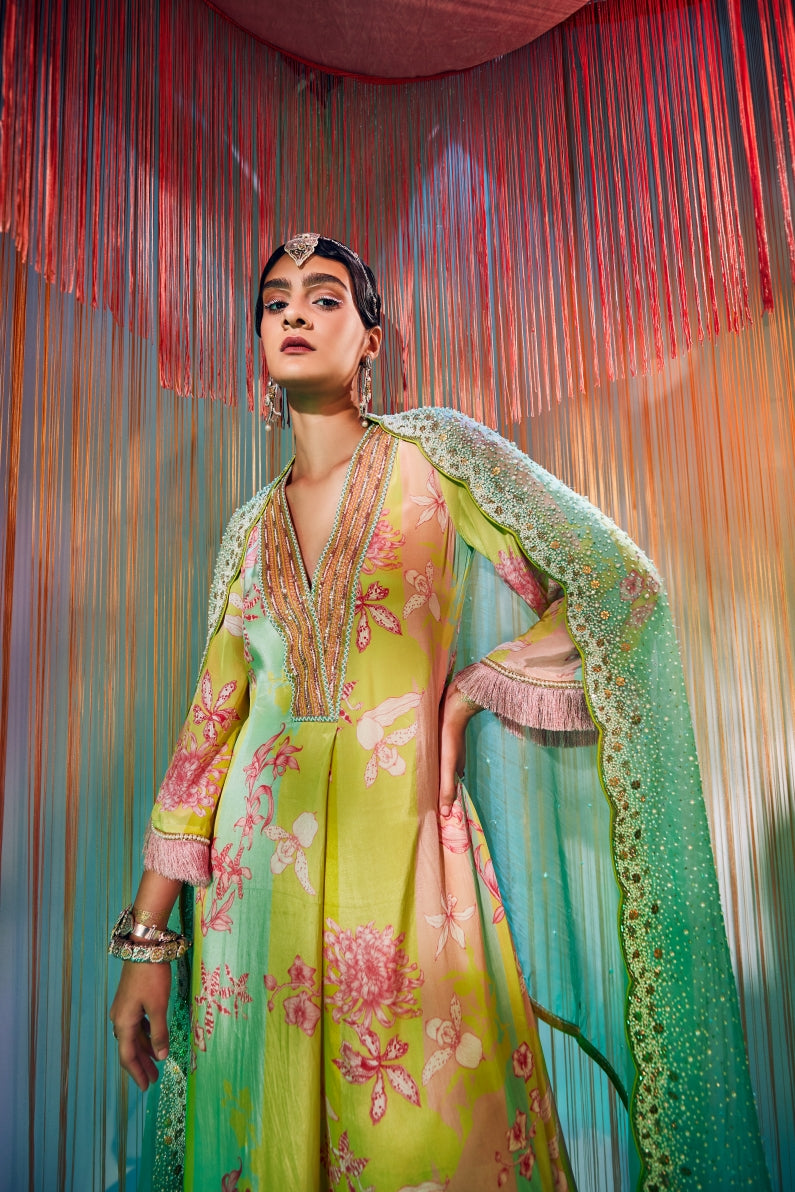 Lime Yellow Orchid Front Pleat Kurta Set