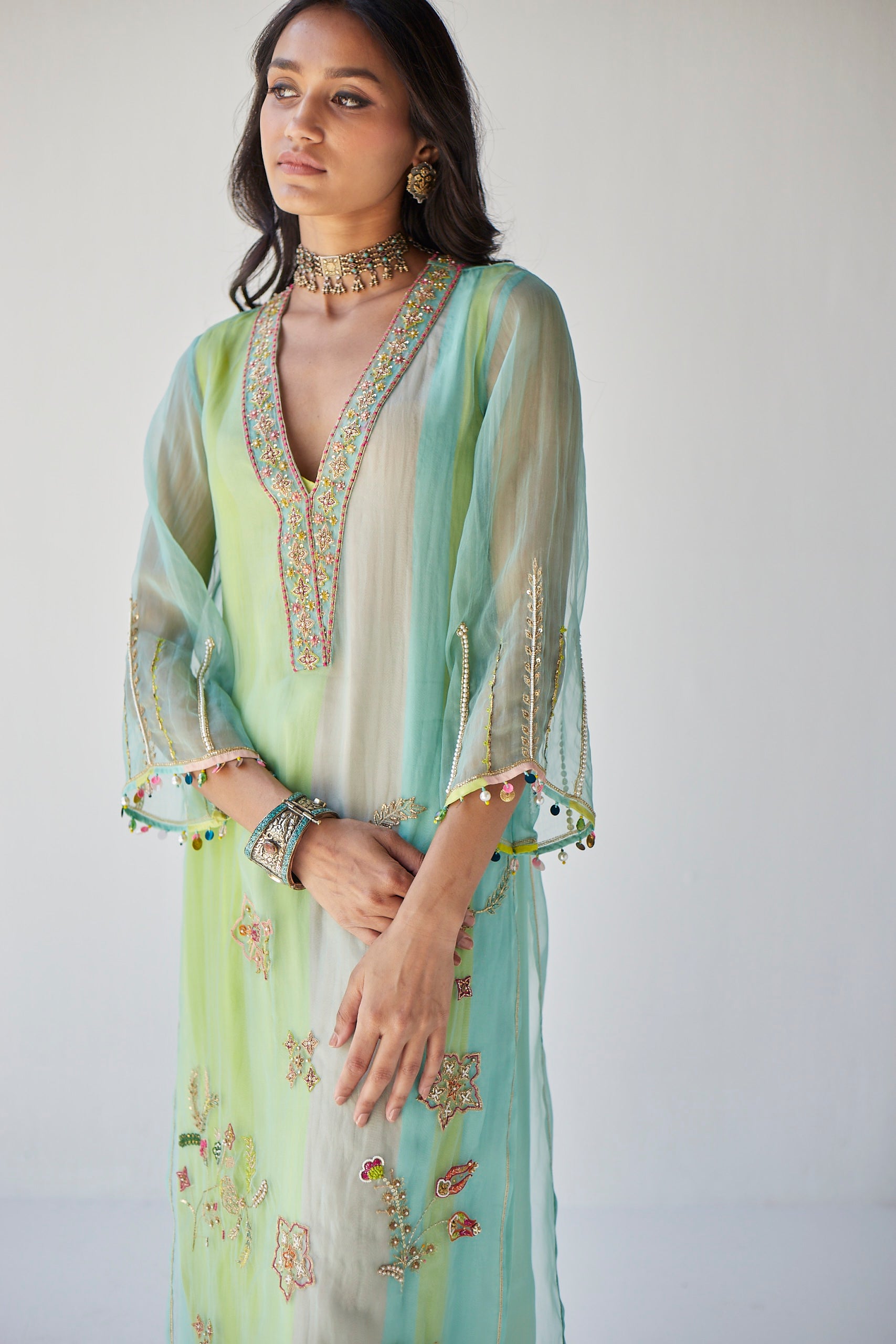 Powder Blue Jaal Organza Kurta Set