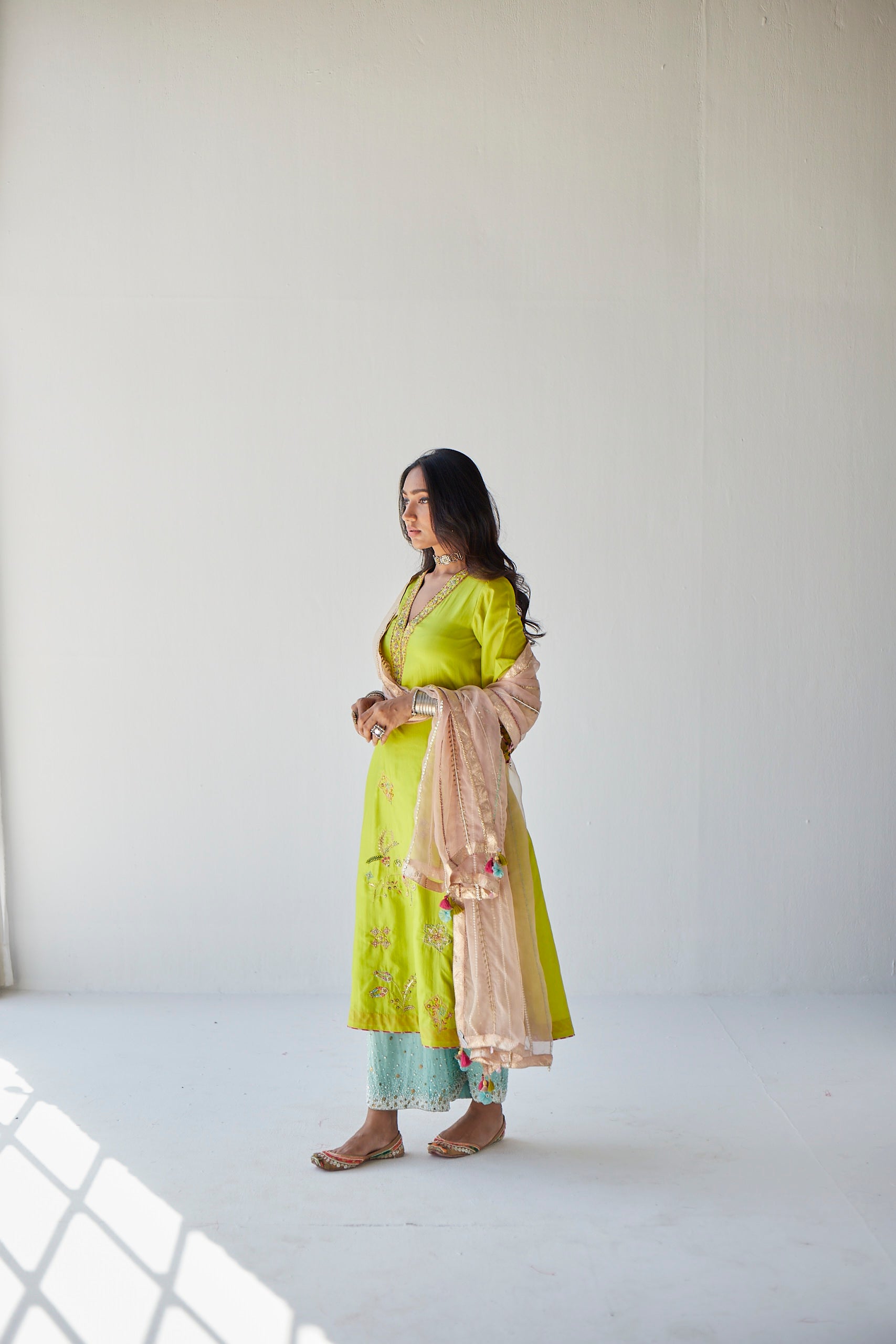 Lime Green Jaal Silk Kurta Set