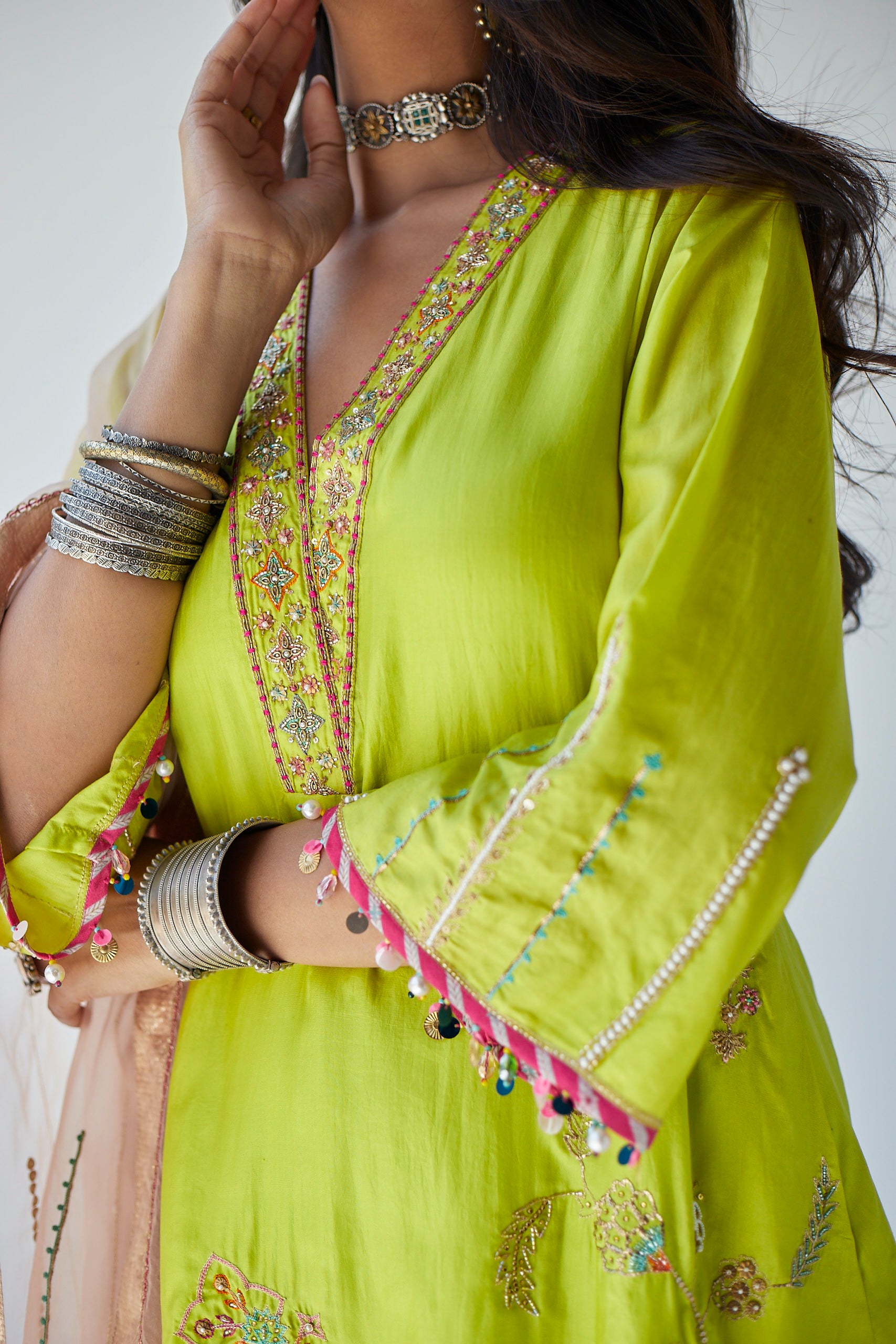 Lime Green Jaal Silk Kurta Set