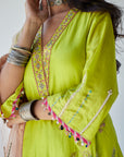 Lime Green Jaal Silk Kurta Set