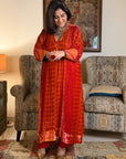 Orange Red Phulkari Print Velvet Kaftan Set