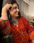 Orange Red Phulkari Print Velvet Kaftan Set