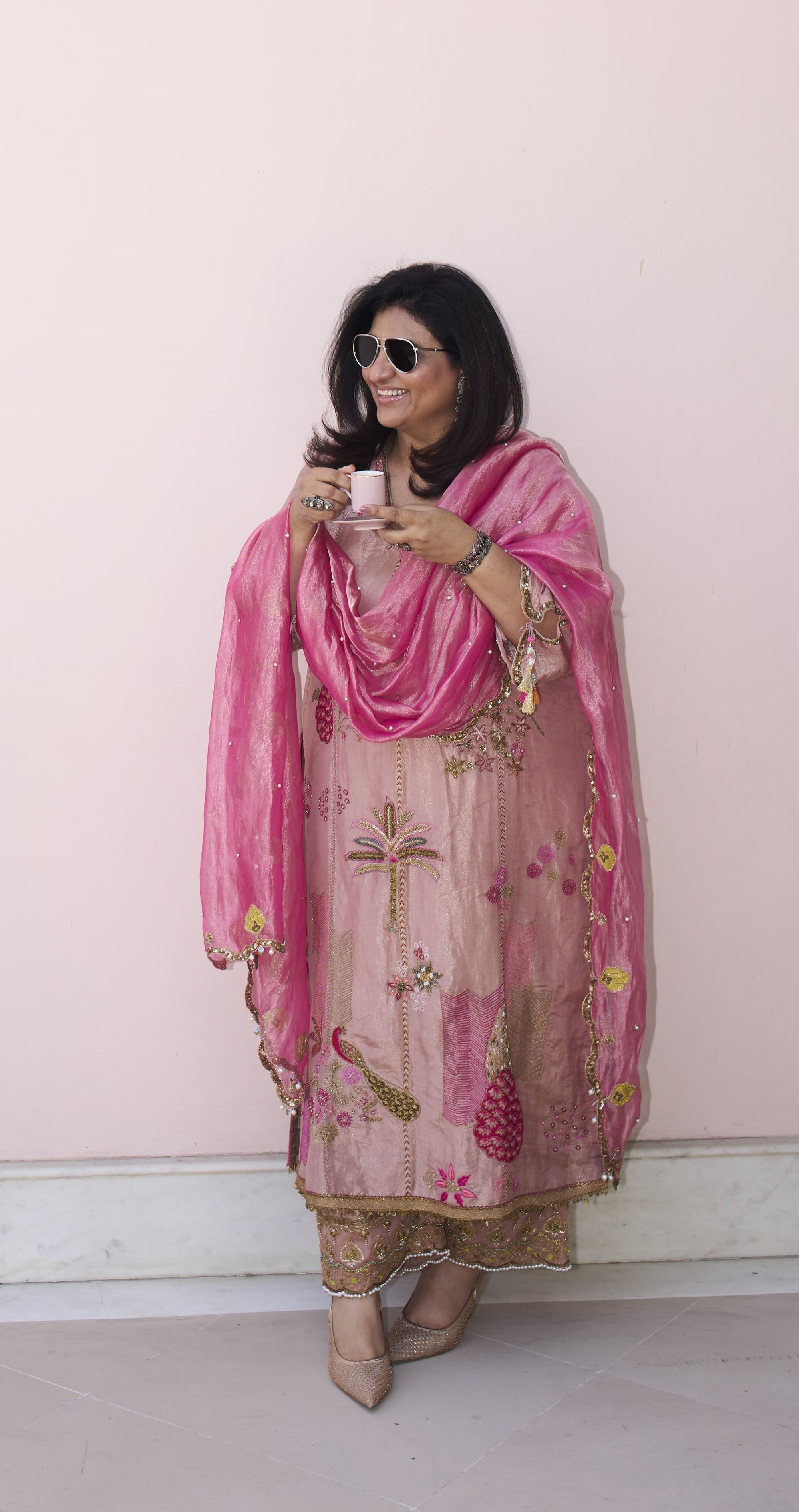 Raji Pastel Pink Tissue Kurta Set