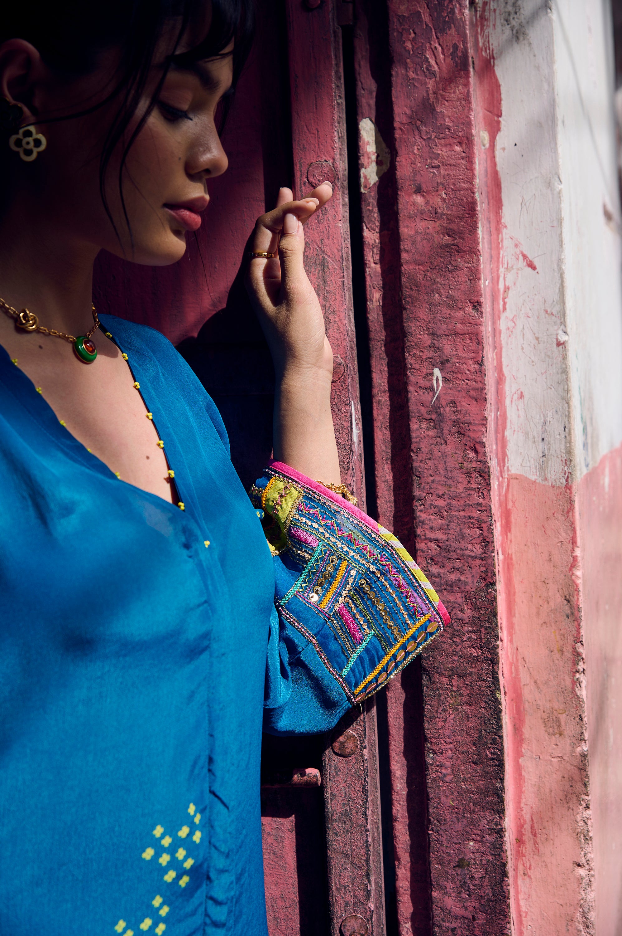Safar Teal Blue Cuff Embroidered Jacket Kurta Set