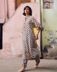 Safar Black And White Panel Print Linen Kurta Set