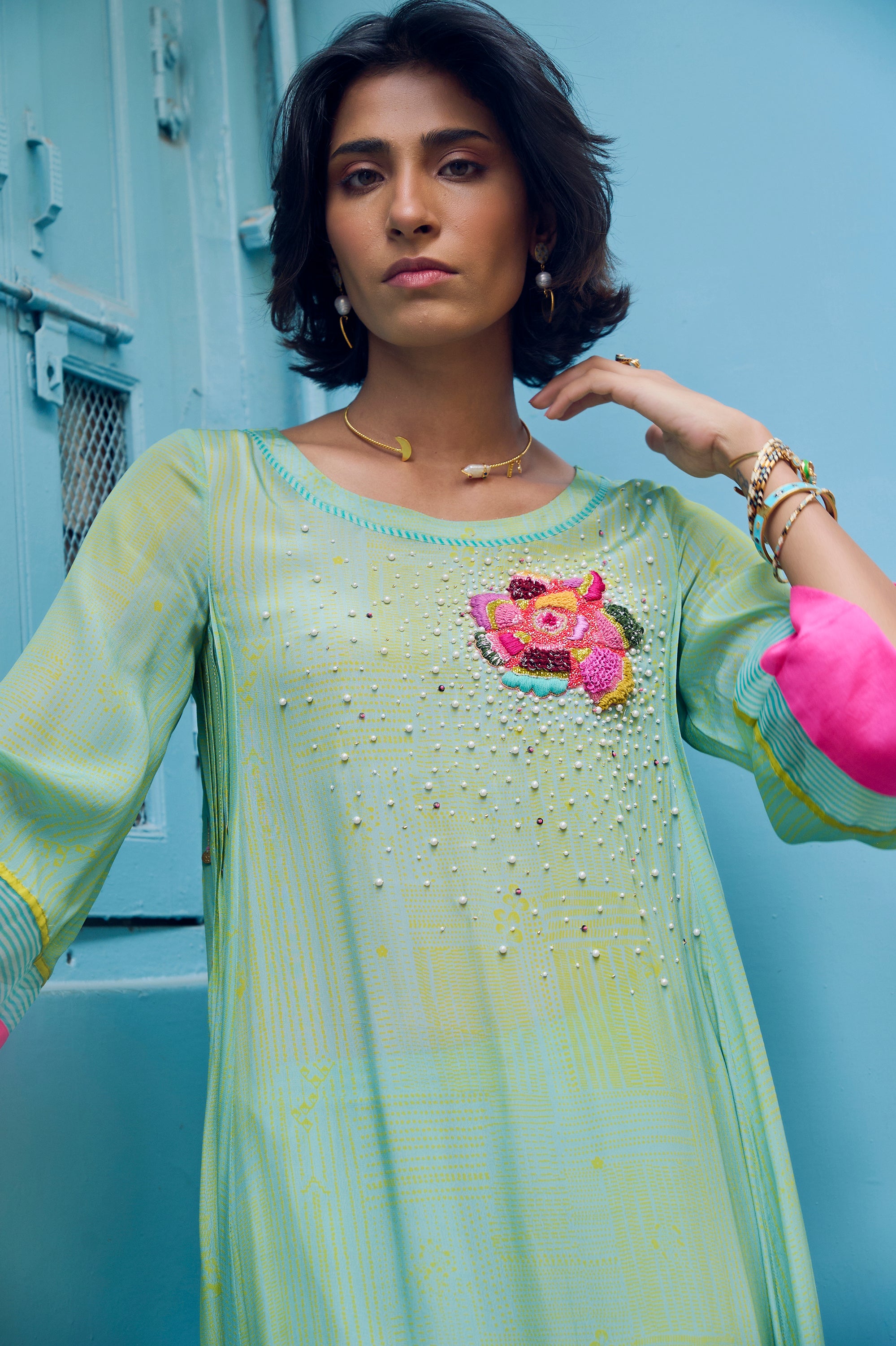 Safar P.Blue Floral Boota Side Pintuck Kurta Set
