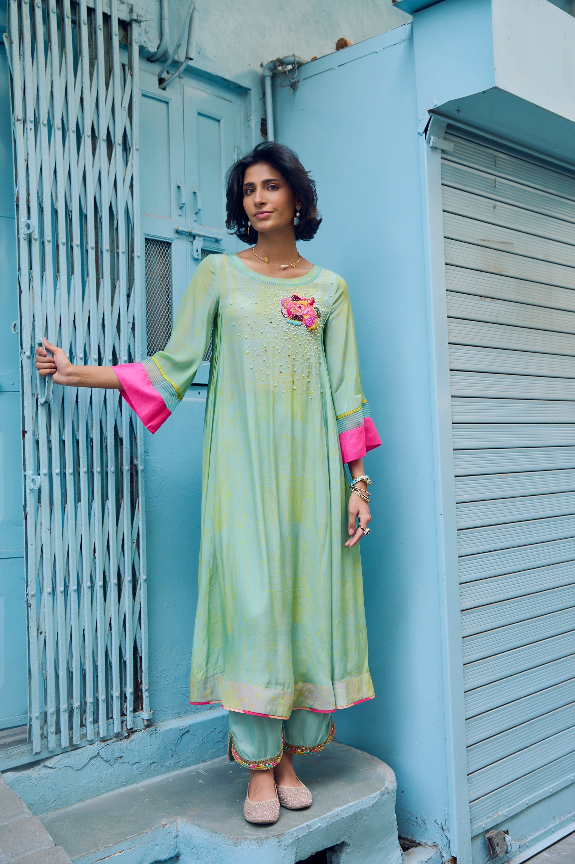 Safar P.Blue Floral Boota Side Pintuck Kurta Set