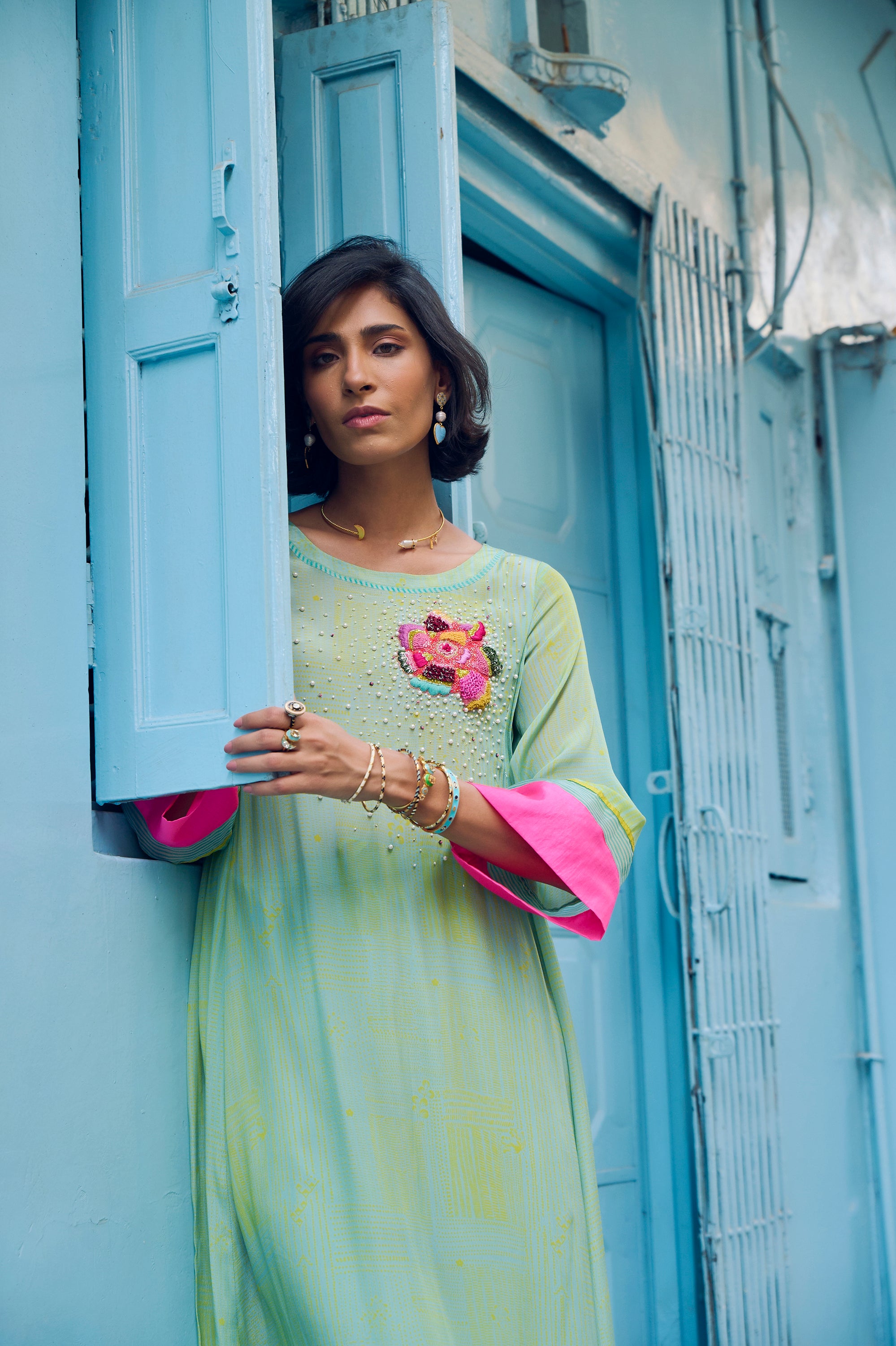 Safar P.Blue Floral Boota Side Pintuck Kurta Set