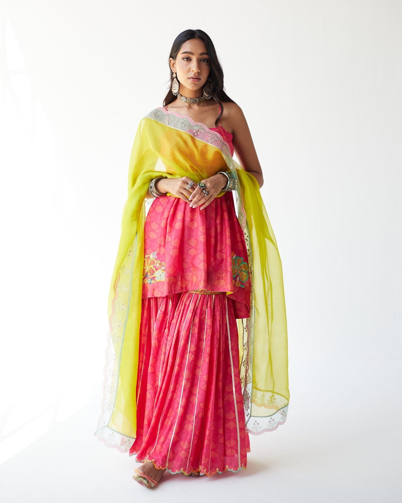 Dupahar Magenta Front Puckering Kurta Gharara Set