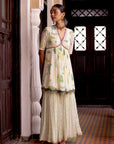 Fariba Ivory Printed Scallop Gharara Set