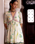 Fariba Ivory Printed Scallop Gharara Set