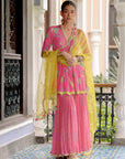 Fariba Bright Pink Printed Scallop Gharara Set