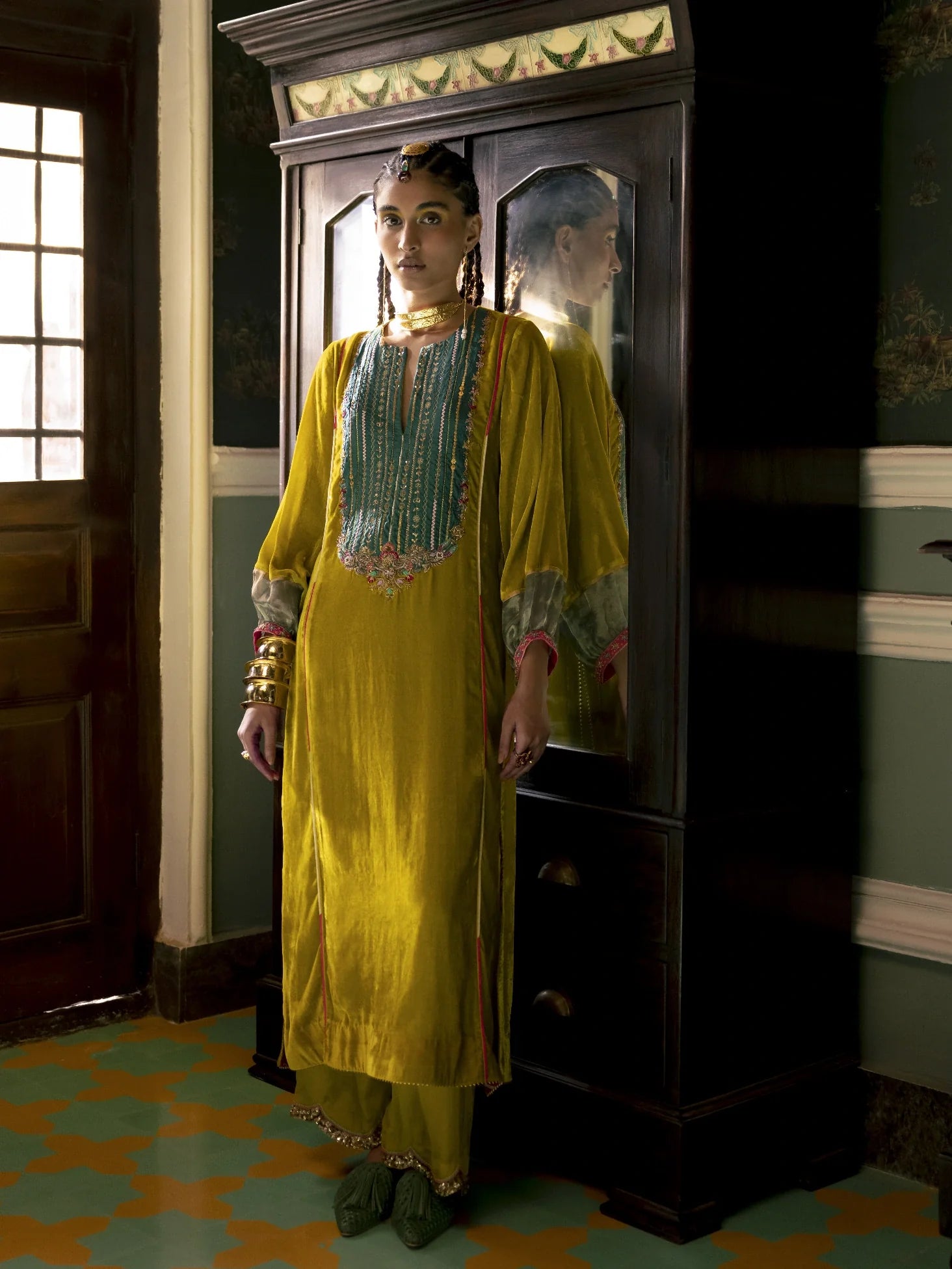 Fariba Lime Yellow Velvet Back Pleat Yoke Kurta Set