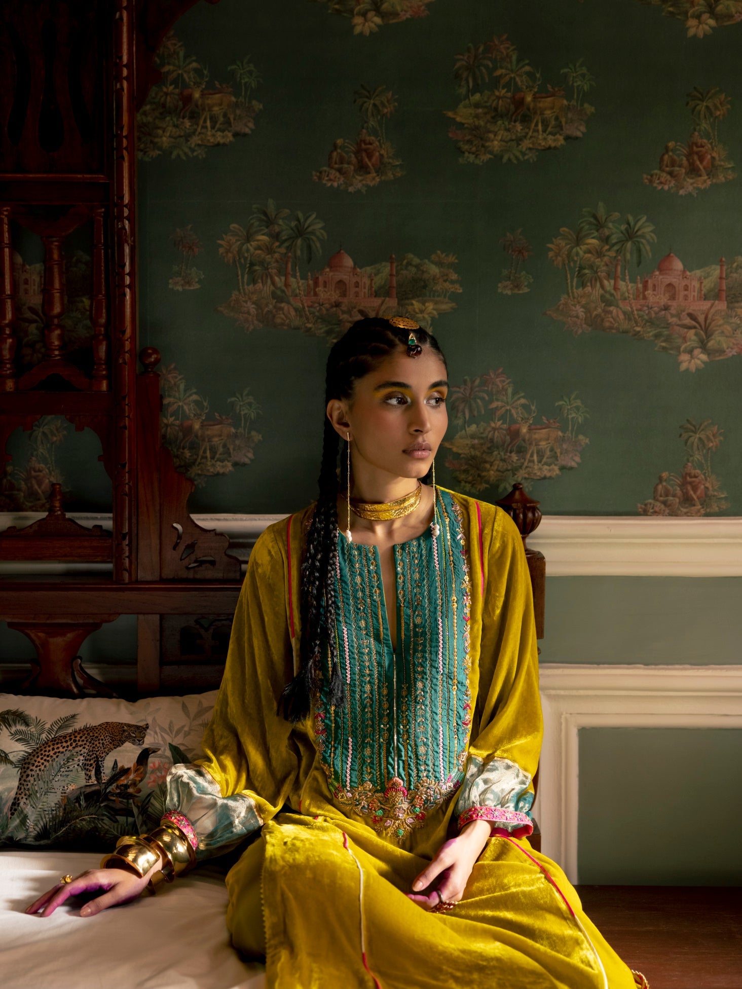 Fariba Lime Yellow Velvet Back Pleat Yoke Kurta Set