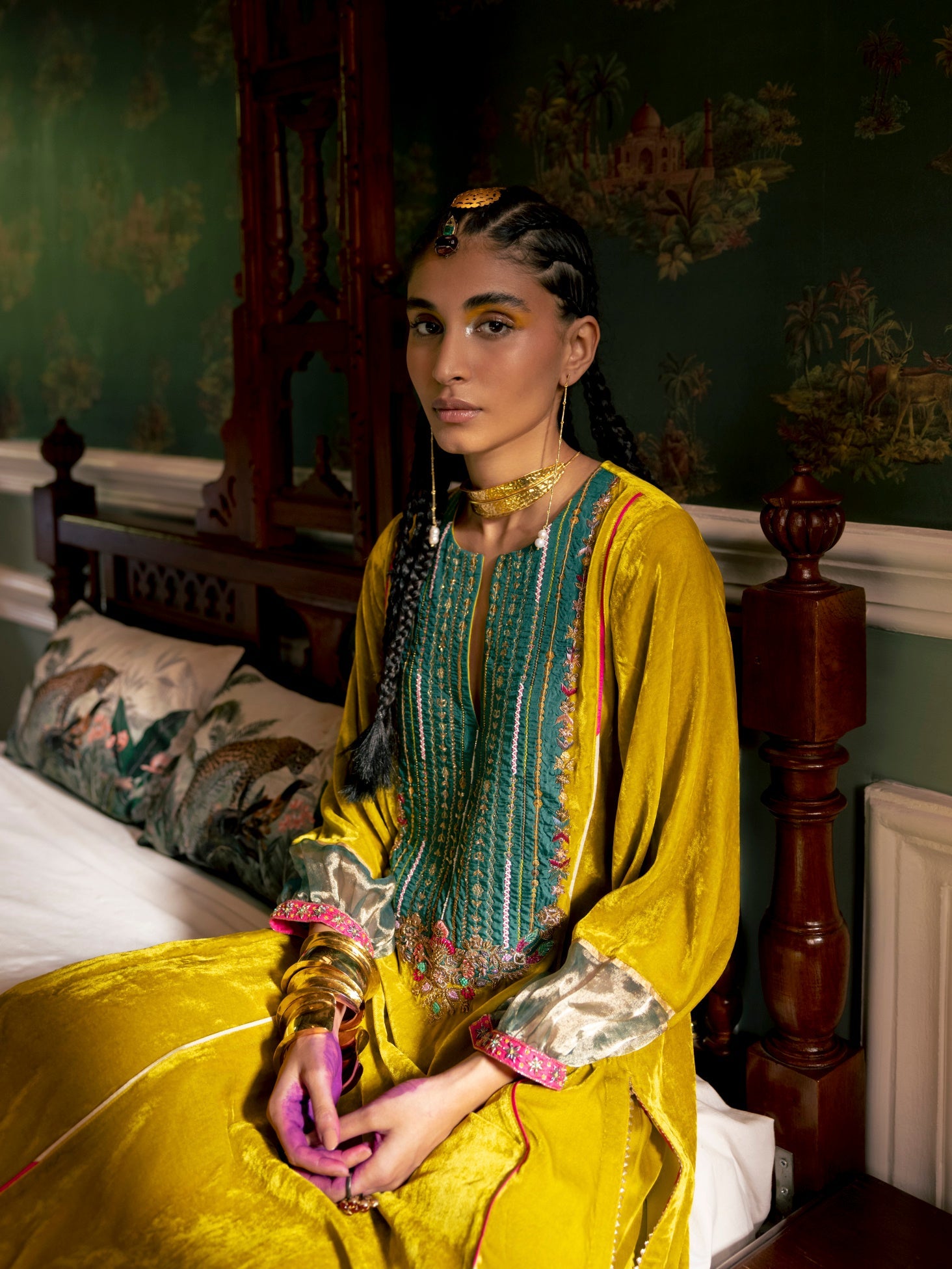 Fariba Lime Yellow Velvet Back Pleat Yoke Kurta Set
