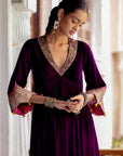 Fariba Purple Bell Sleeve Velvet Kurta Set