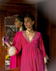 Fariba Hot Pink Bell Sleeve Velvet Kurta Set