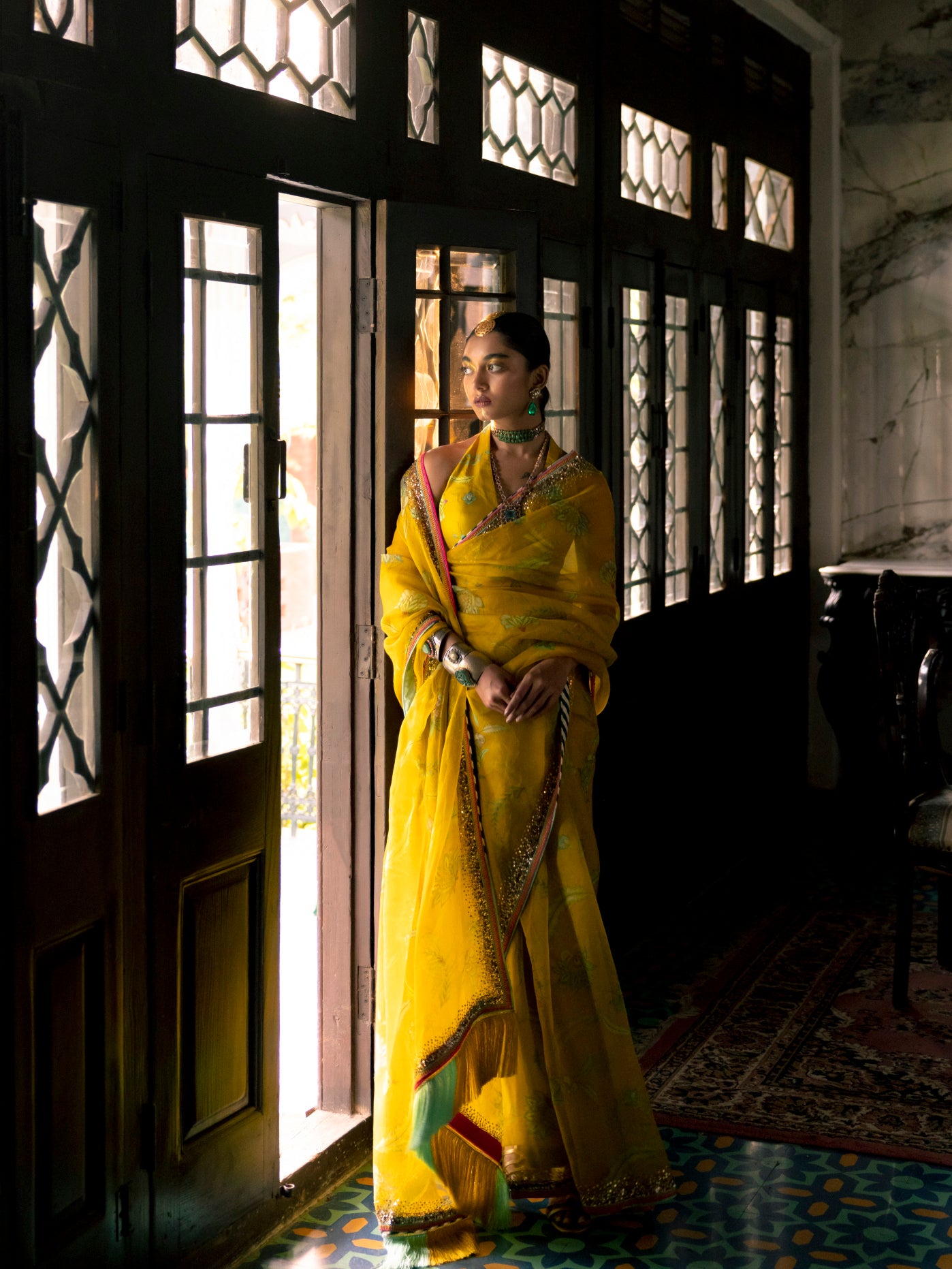 Fariba Lime Yellow Sequin Printed Hina Khan Organza Sari Set