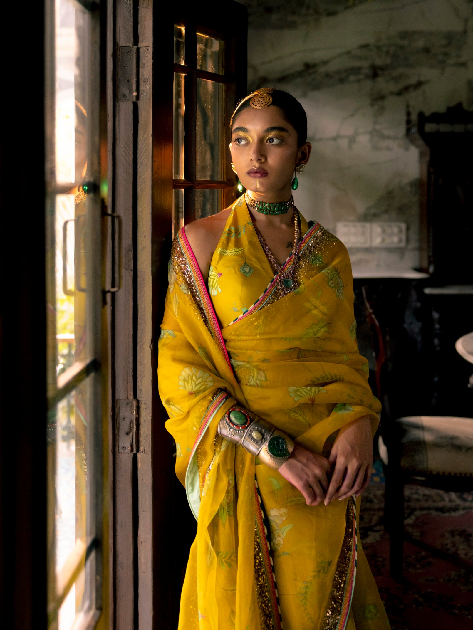 Fariba Lime Yellow Sequin Printed Hina Khan Organza Sari Set