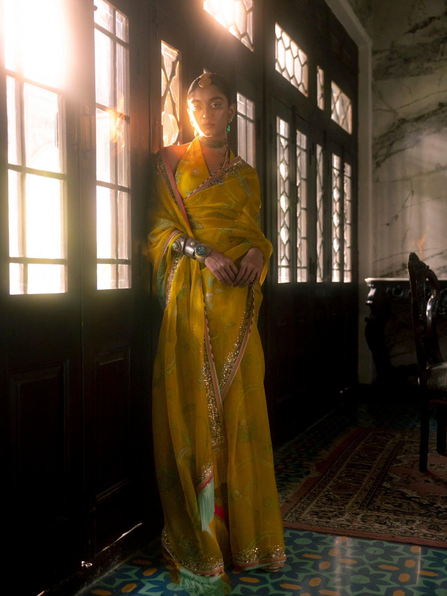 Fariba Lime Yellow Sequin Printed Hina Khan Organza Sari Set