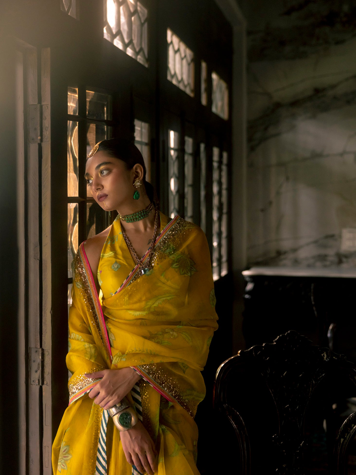 Fariba Lime Yellow Sequin Printed Hina Khan Organza Sari Set