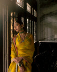 Fariba Lime Yellow Sequin Printed Organza Sari Set