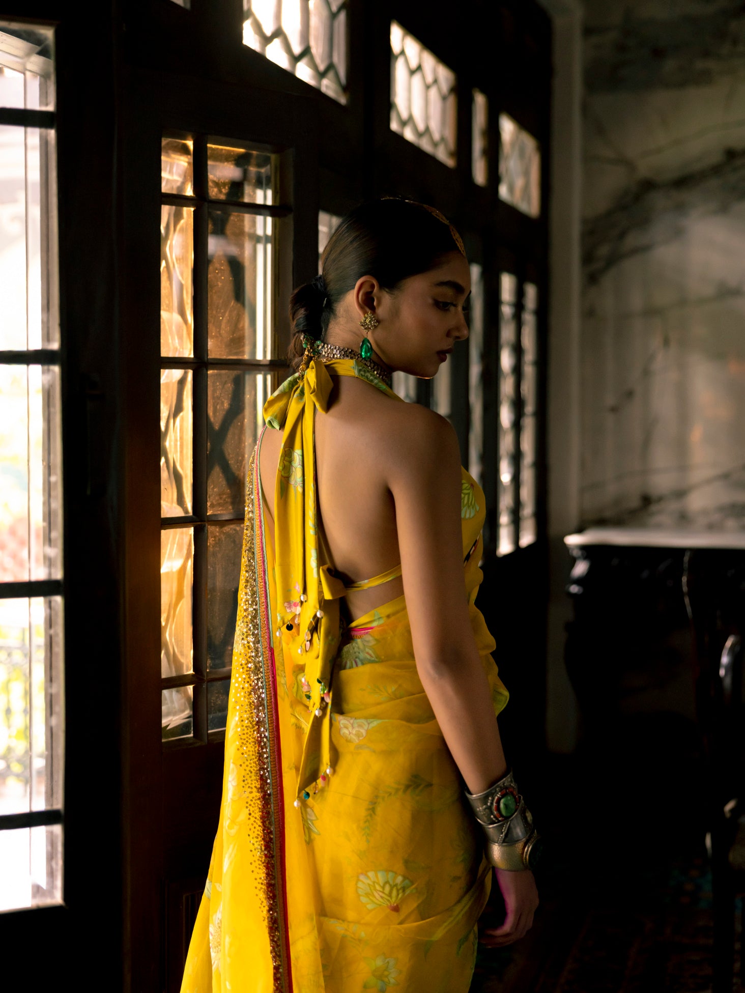 Fariba Lime Yellow Sequin Printed Hina Khan Organza Sari Set