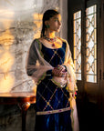 Fariba Blue Silk Velvet Sharara Set