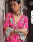 Fariba Hot Pink Bell Sleeve Printed Kurta Set