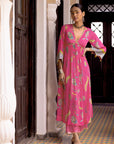 Fariba Hot Pink Bell Sleeve Printed Kurta Set