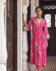 Fariba Hot Pink Bell Sleeve Printed Kurta Set