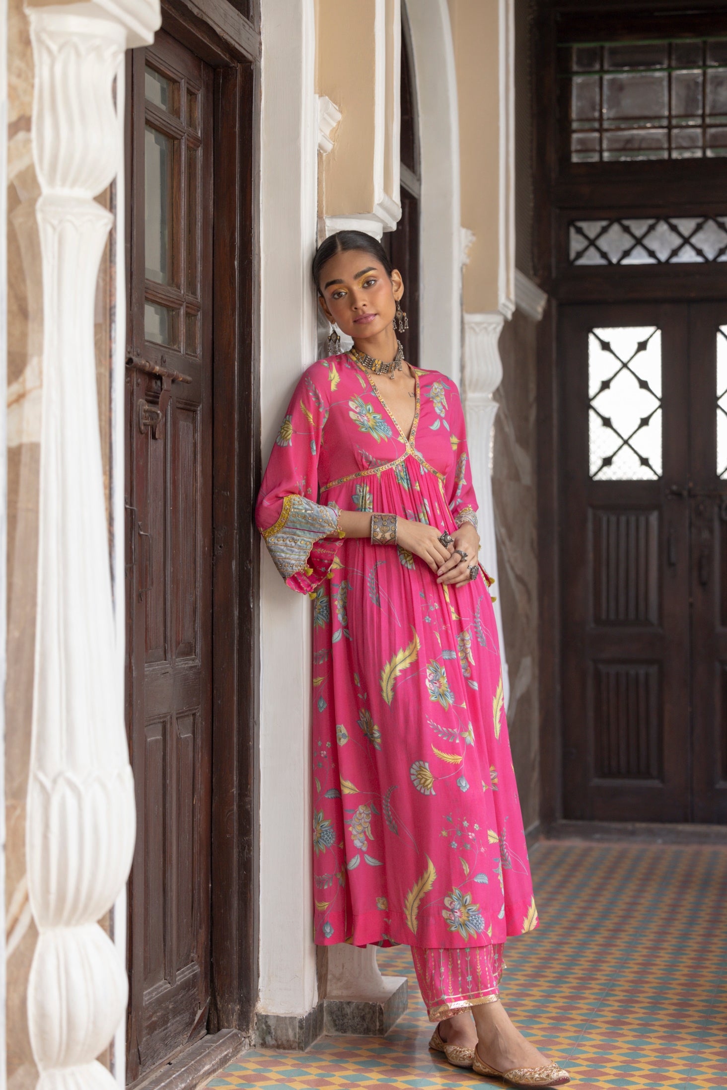 Fariba Hot Pink Bell Sleeve Printed Kurta Set