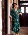 Fariba Teal Bell Sleeve Printed Kurta Set