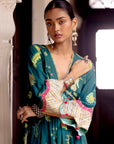 Fariba Teal Bell Sleeve Printed Kurta Set
