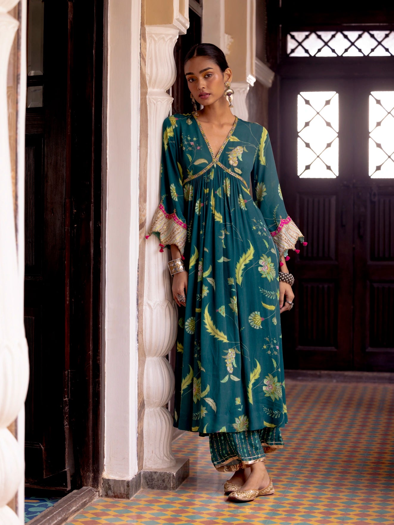 Fariba Teal Bell Sleeve Printed Kurta Set