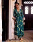 Fariba Teal Bell Sleeve Printed Kurta Set