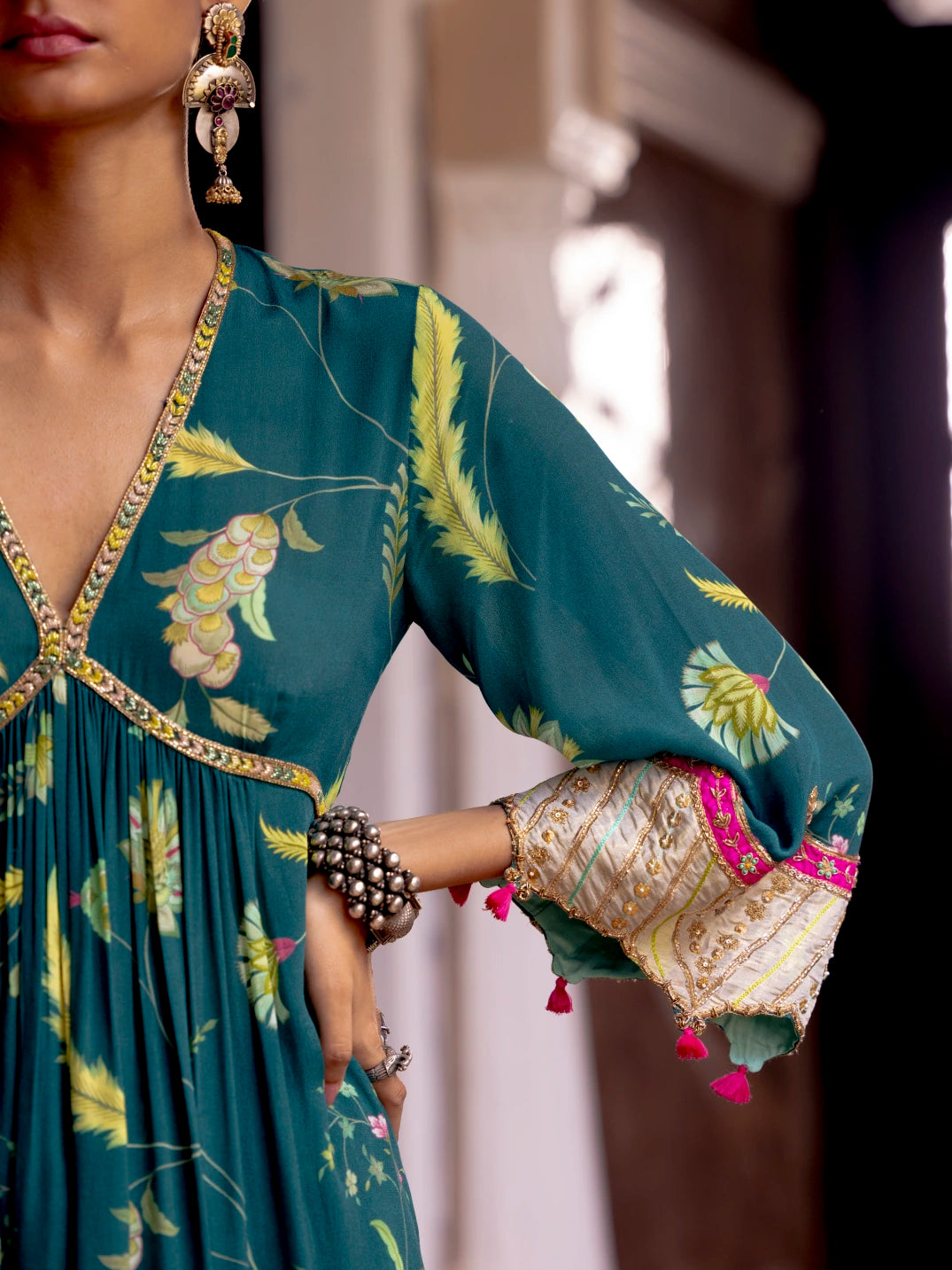 Fariba Teal Bell Sleeve Printed Kurta Set