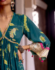 Fariba Teal Bell Sleeve Printed Kurta Set