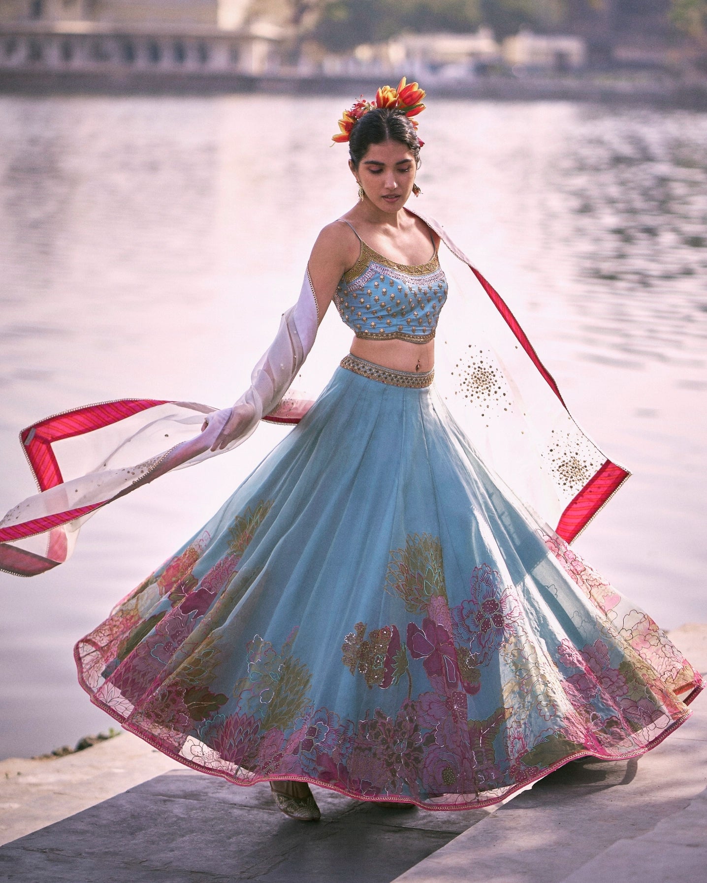 Gul Ice Blue Floral Organza Lehenga Set