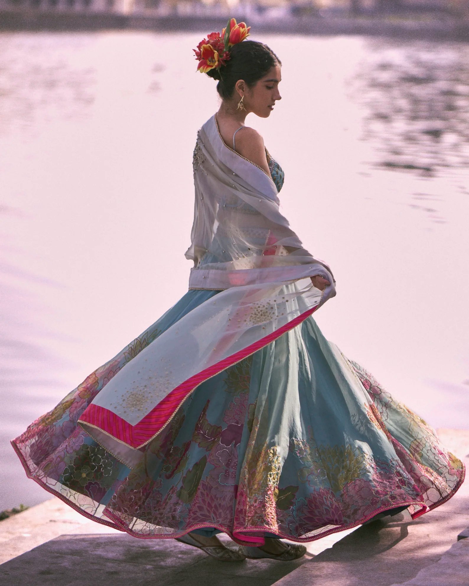Gul Ice Blue Floral Organza Lehenga Set